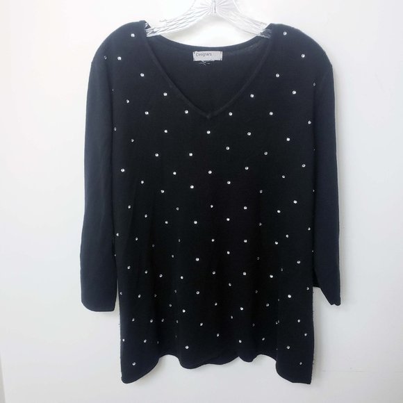 Designer Originals Women's Black Knit Scoop Neck Faux Diamond Top Sweater - Picture 11 of 11